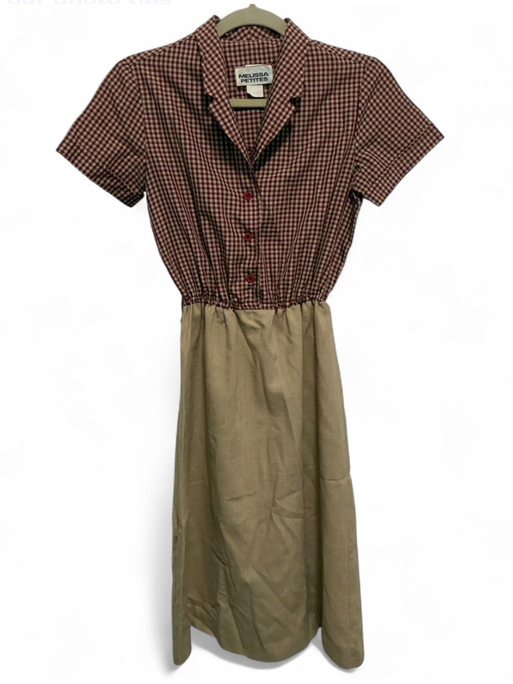 Vintage Melissa Red Brown Gingham Bodice Dress with Tan Skirt